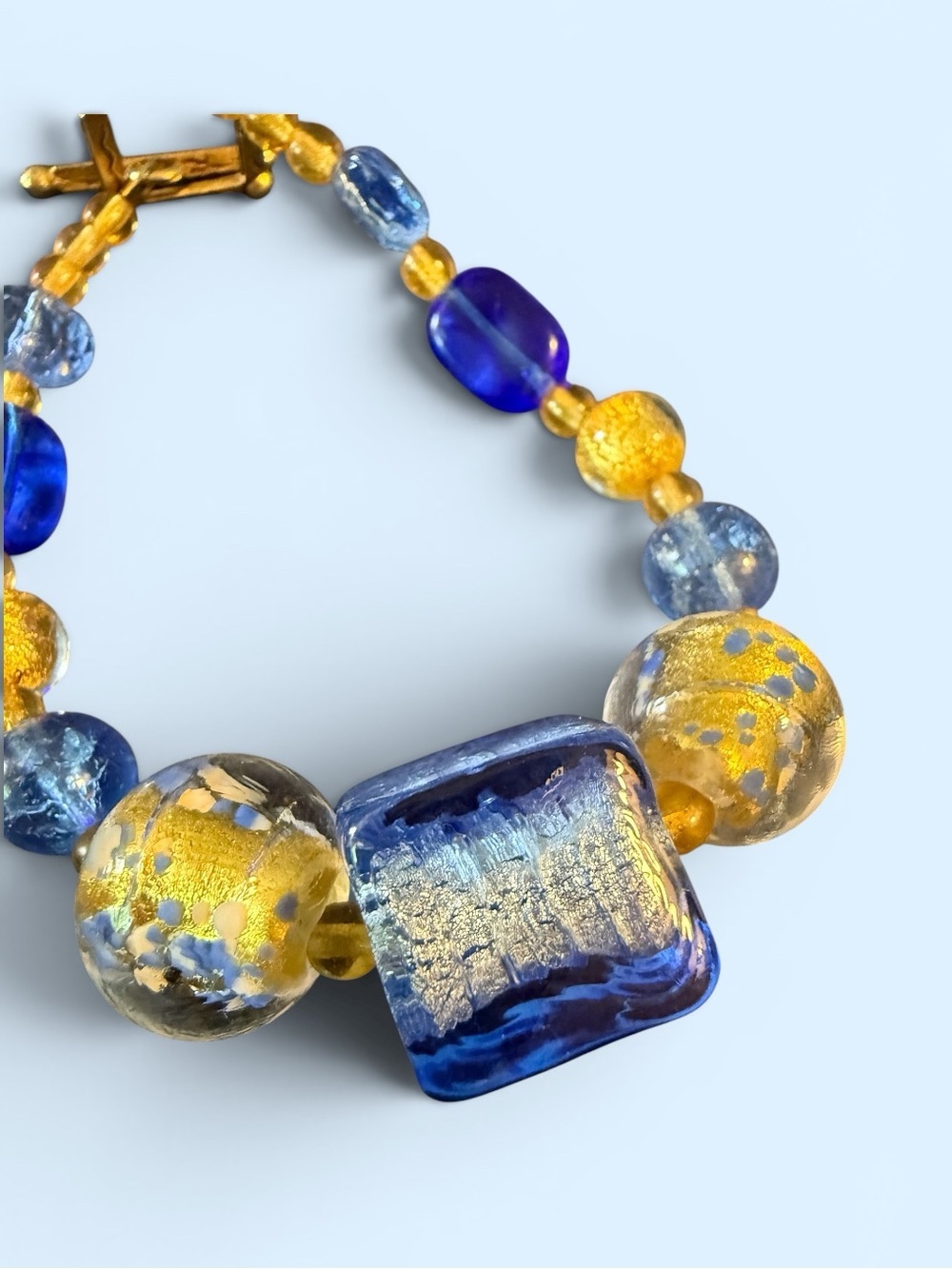 Artisan Murano Style Cobalt Blue & Gold Foil Art Glass Beaded Bracelet Toggle Cl